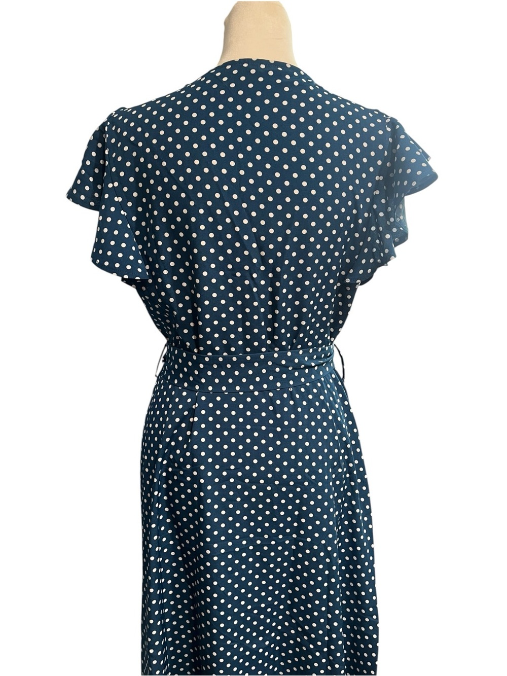 NWOT Navy Blue and White Polka Dot Midi Dress with Flutter Sleeves / Medium - Picture 5 of 7